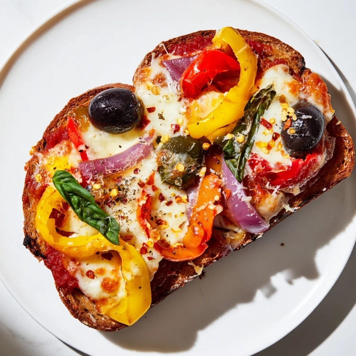 Leckere Marble-Rye-Pizza-Toast mit buntem Gemüse, perfekt für einen Snack.  