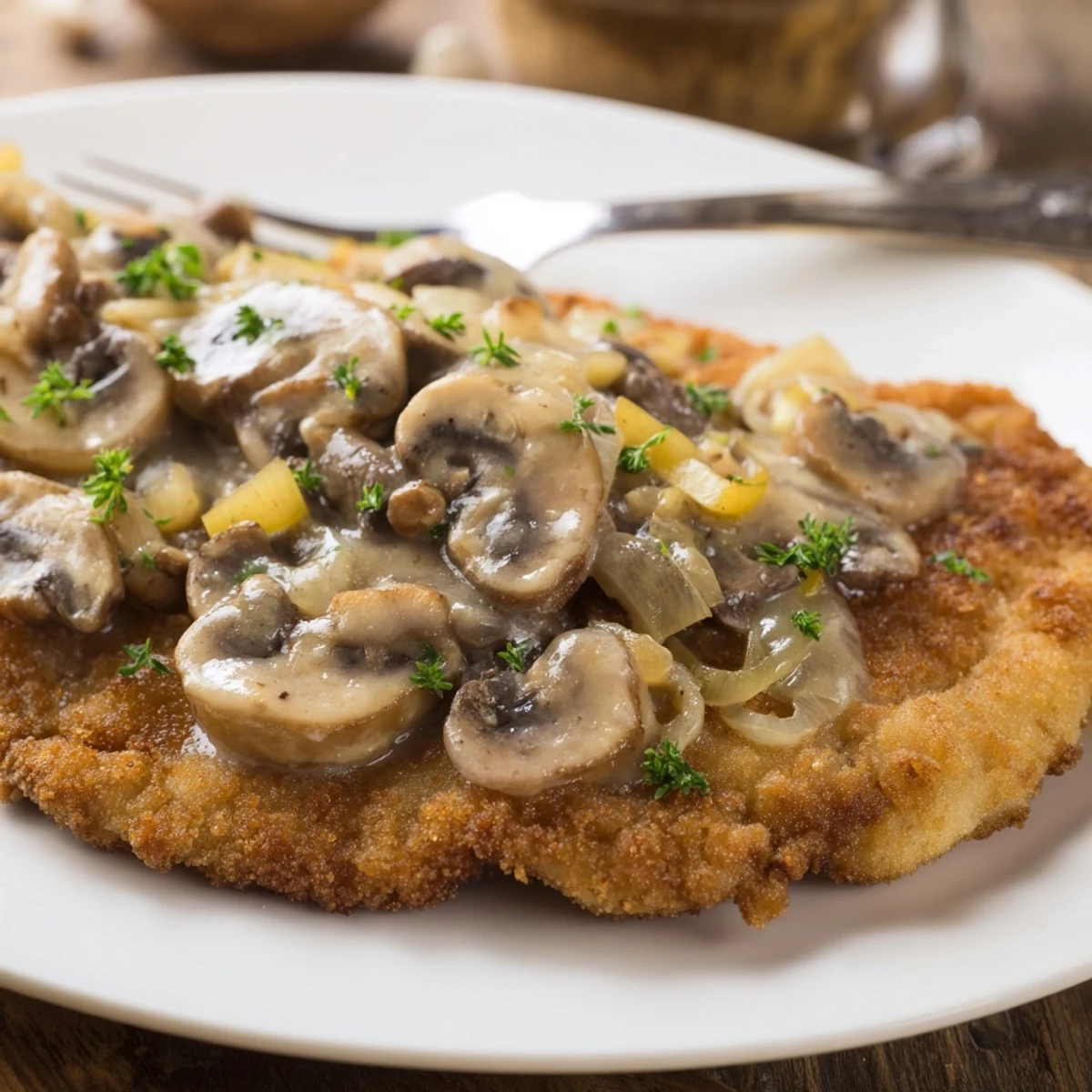 Crispy Hunters Schnitzel drizzled with rich mushroom sauce and herbs.  