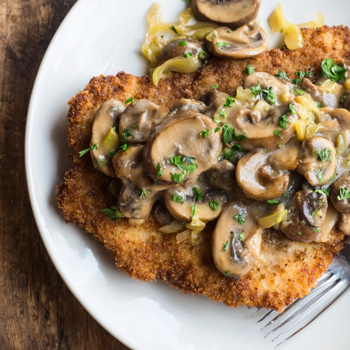 Tender pork cutlets topped with creamy Jäger sauce, perfect for dinner.  