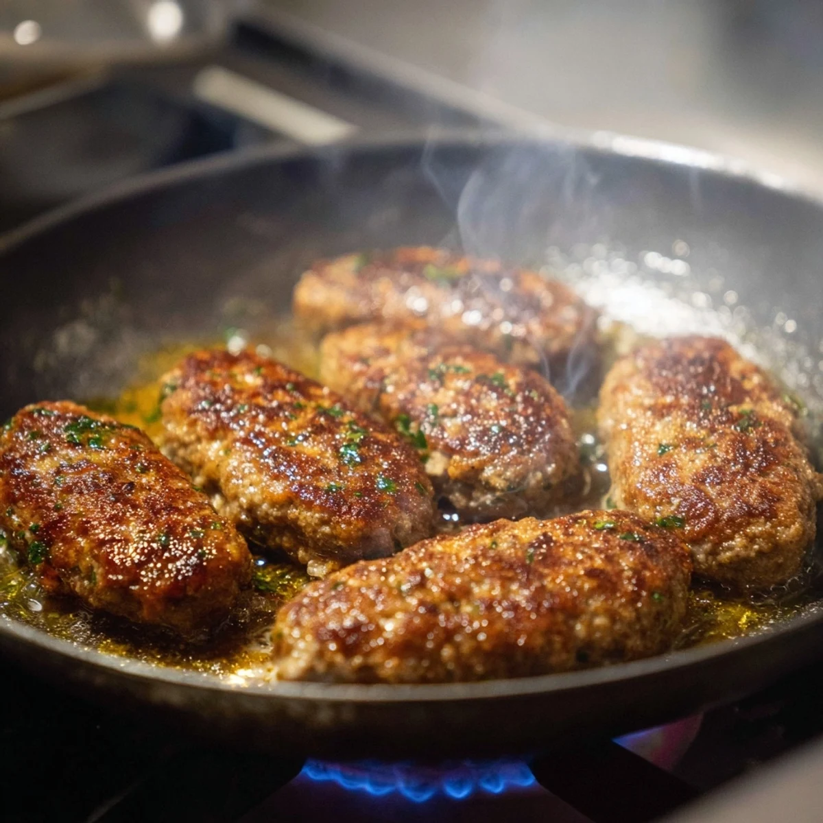 Saftige Frikadellen in einer Pfanne gebraten, ideal für herzhaftes Essen.  