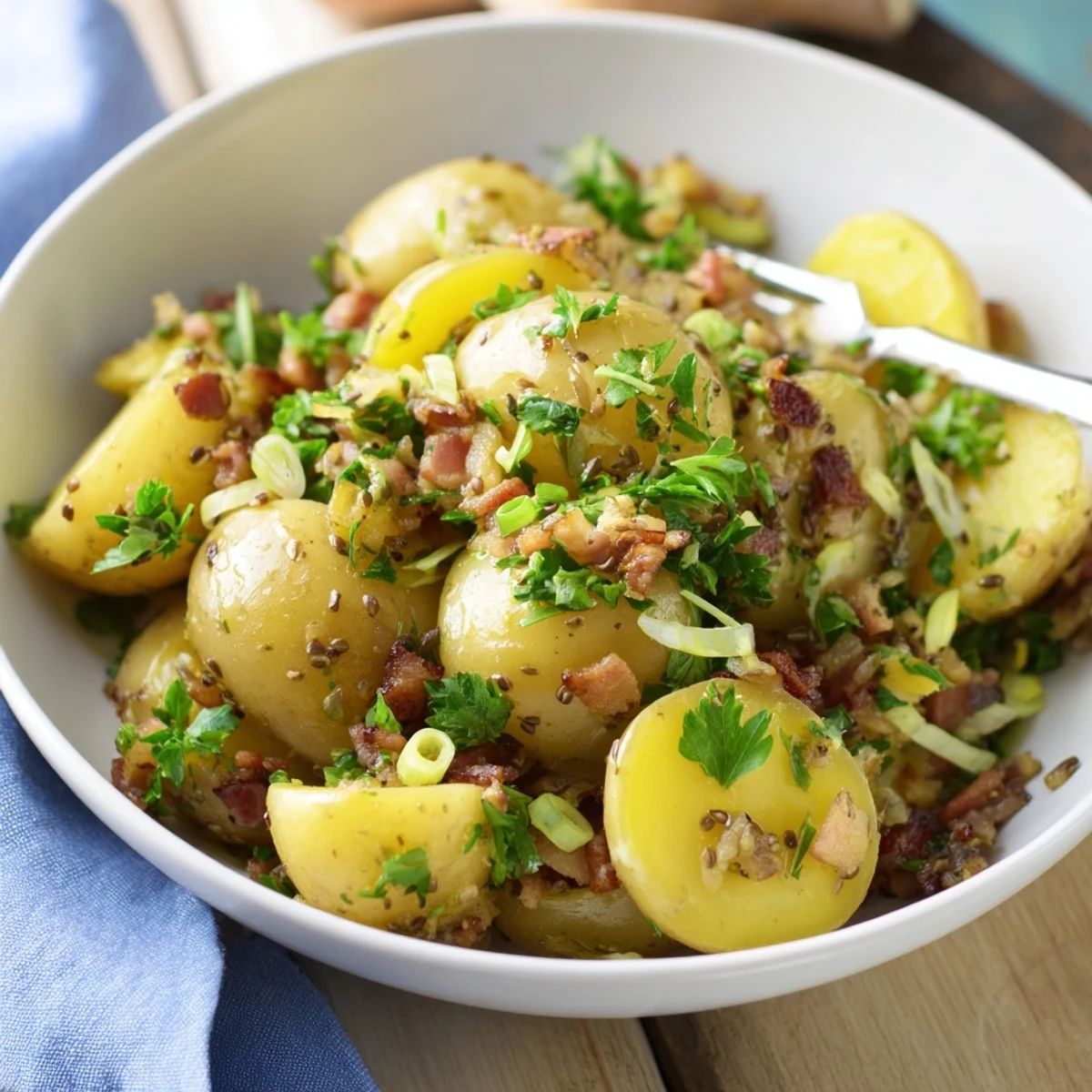 Klassischer warmer deutscher Kartoffelsalat, genussvoll mit Petersilie garniert.