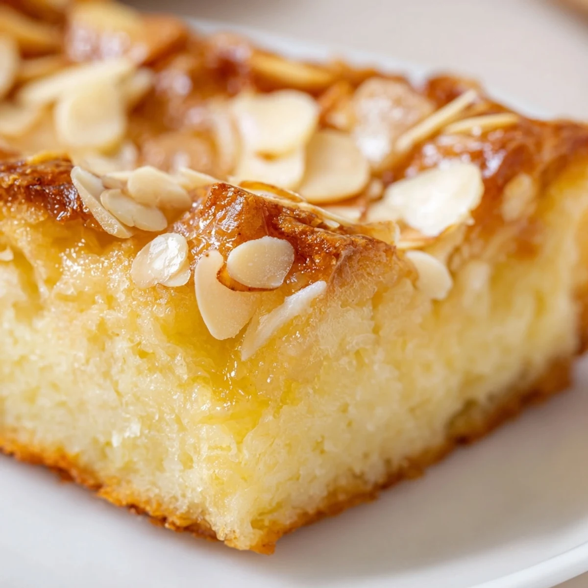Weiche, buttrige deutsche Butterkuchenstücke mit knusprigen Mandeln und Zucker.
