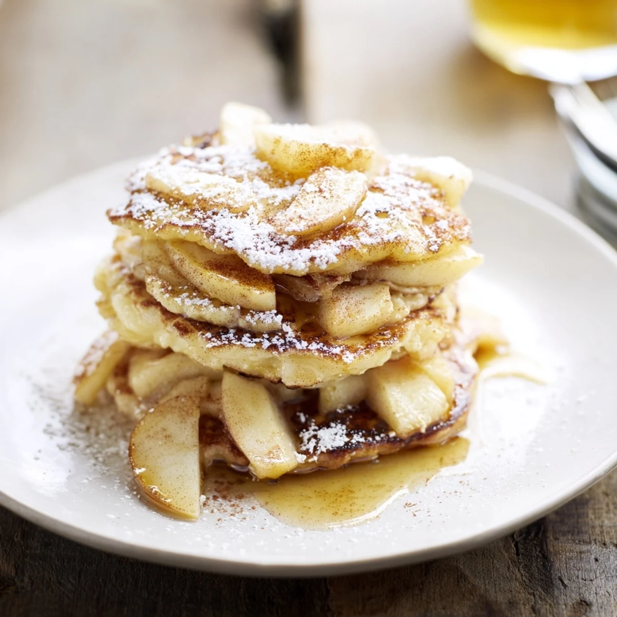 Fluffy German Apple Pancakes topped with powdered sugar and warm maple syrup.