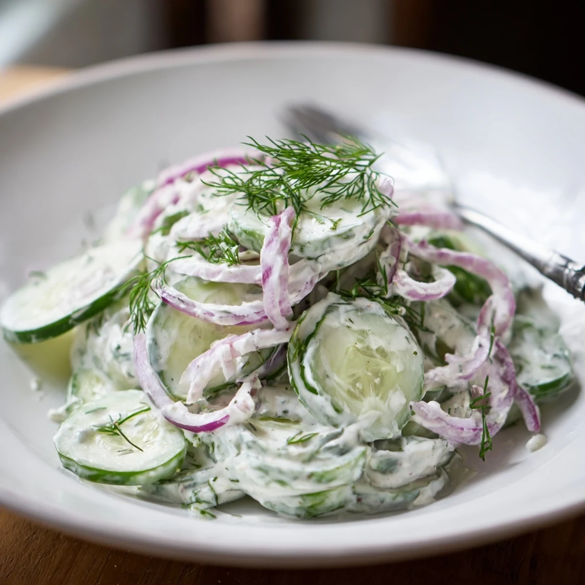 Cremiger deutscher Gurkensalat mit frischen Kräutern und knackigen Gurkenscheiben serviert.