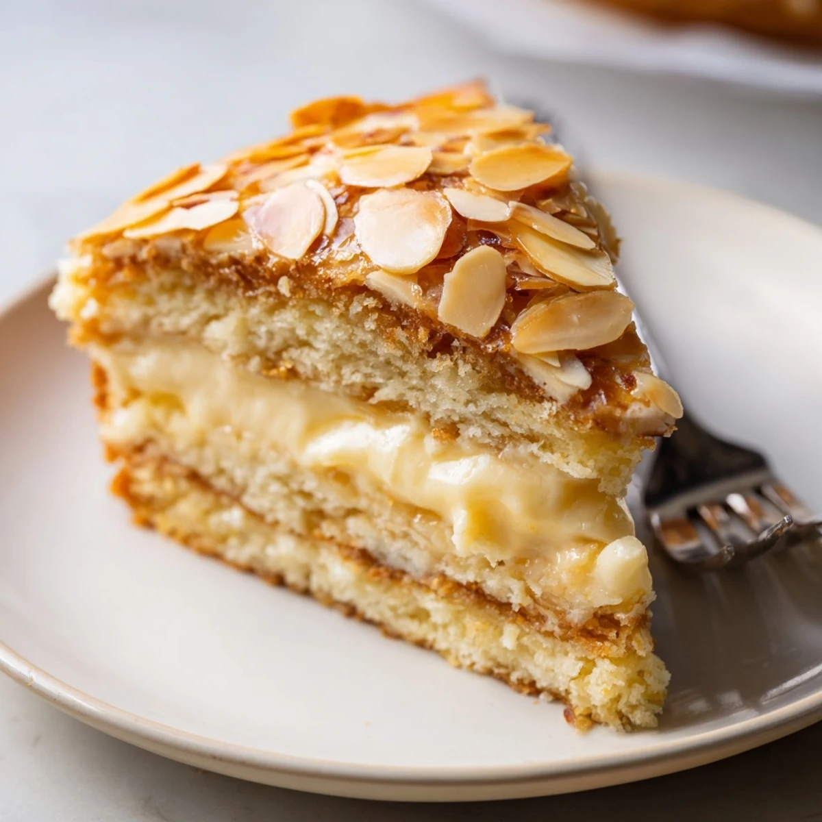 Hausgemachte Bienenstich Torte mit cremiger Füllung und knusprigen Mandeln