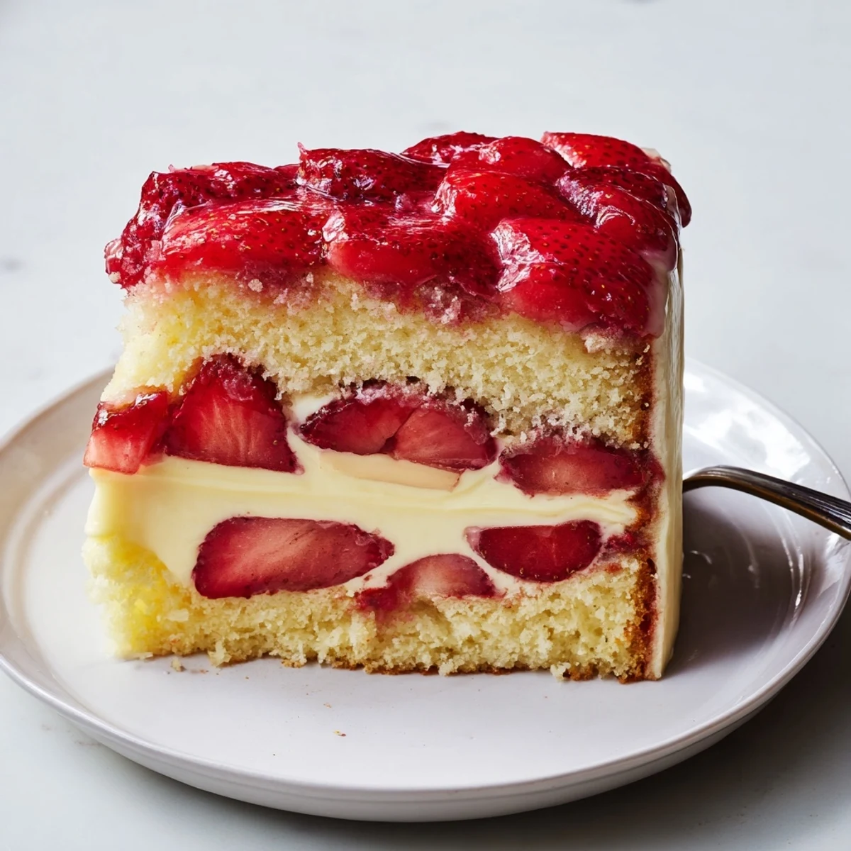 Frischer Erdbeertorte mit leichtem Biskuit und sahniger Vanillecreme, ideal für Sommerfeiern.  