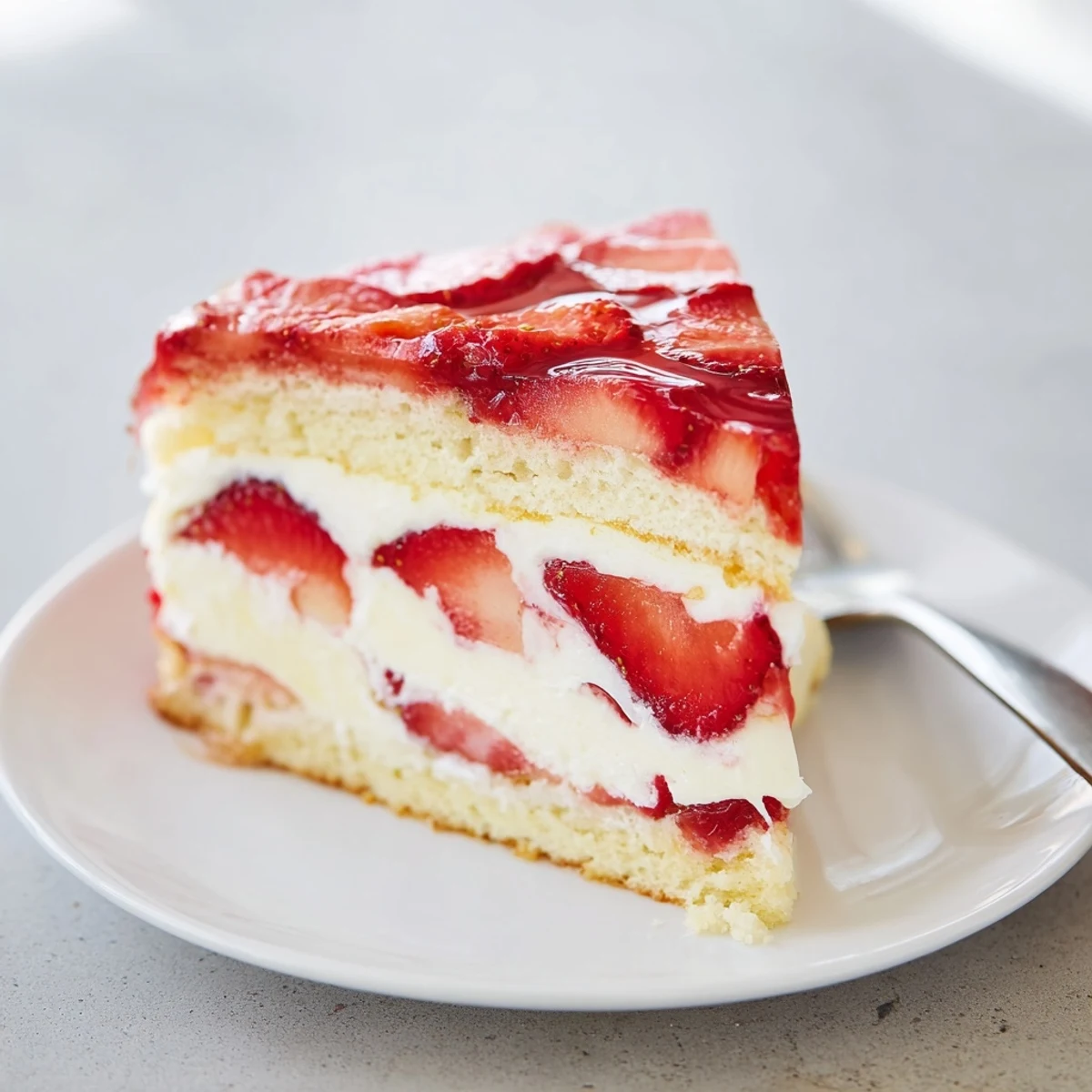 Klassische deutsche Erdbeertorte: zarter Biskuit, cremige Füllung und frische Früchte.