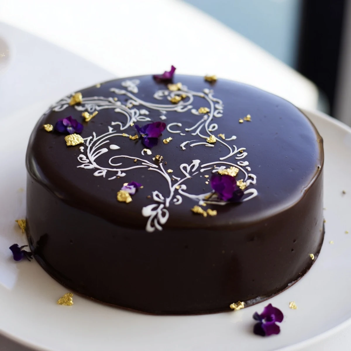 Decadent Wild Rat Cake dessert topped with gold leaf and edible flowers, ready to serve.