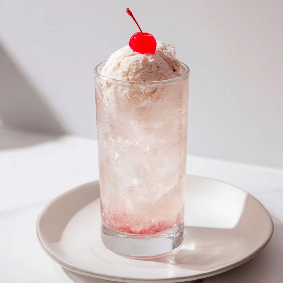 Refreshing homemade cream soda float featuring vanilla syrup, bubbly soda, and a cherry garnish.