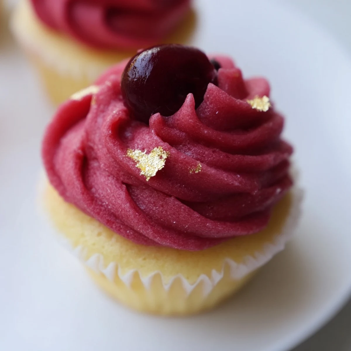 Freshly baked mini cherry cupcakes, frosted with cherry cream and adorned with delicate gold.