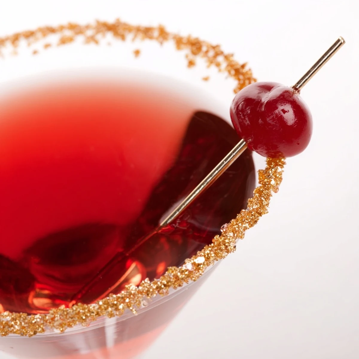 Gleaming martini glass showcasing a Rococo Kirsch Martini, cherry and gold hues.