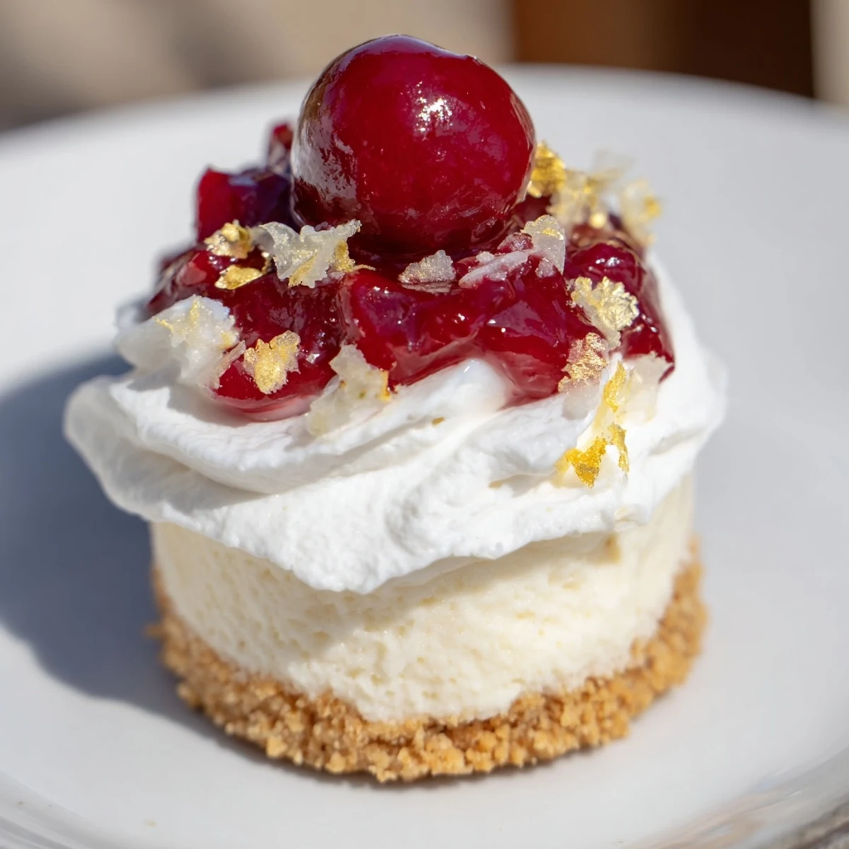Close-up of elegant Kirsch-Rococo No-Bake Mini Cheesecakes, showcasing creamy filling and a rich cookie crust.