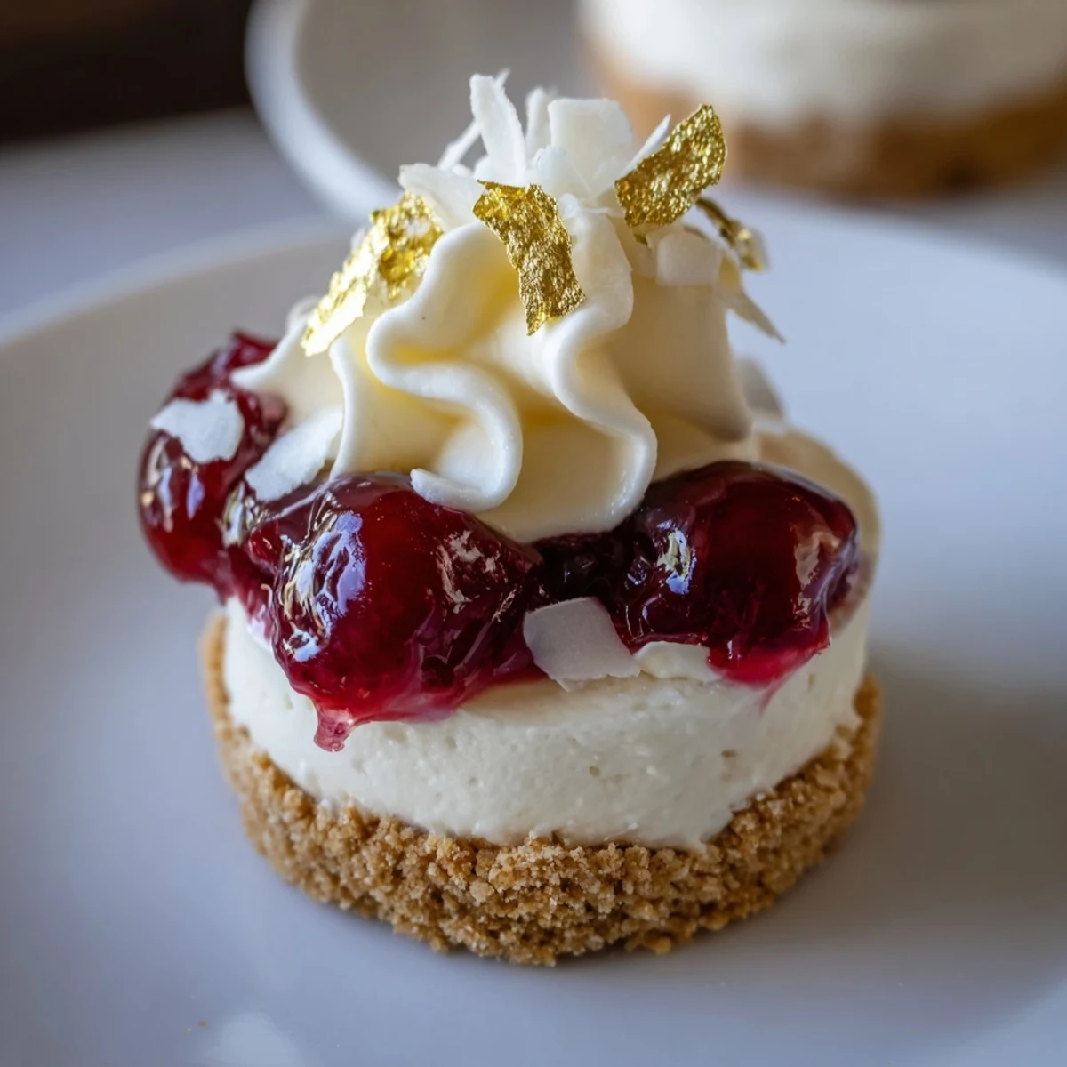 Kirsch-Rococo No-Bake Mini Cheesecakes topped with vibrant cherry compote, ready for enjoying.