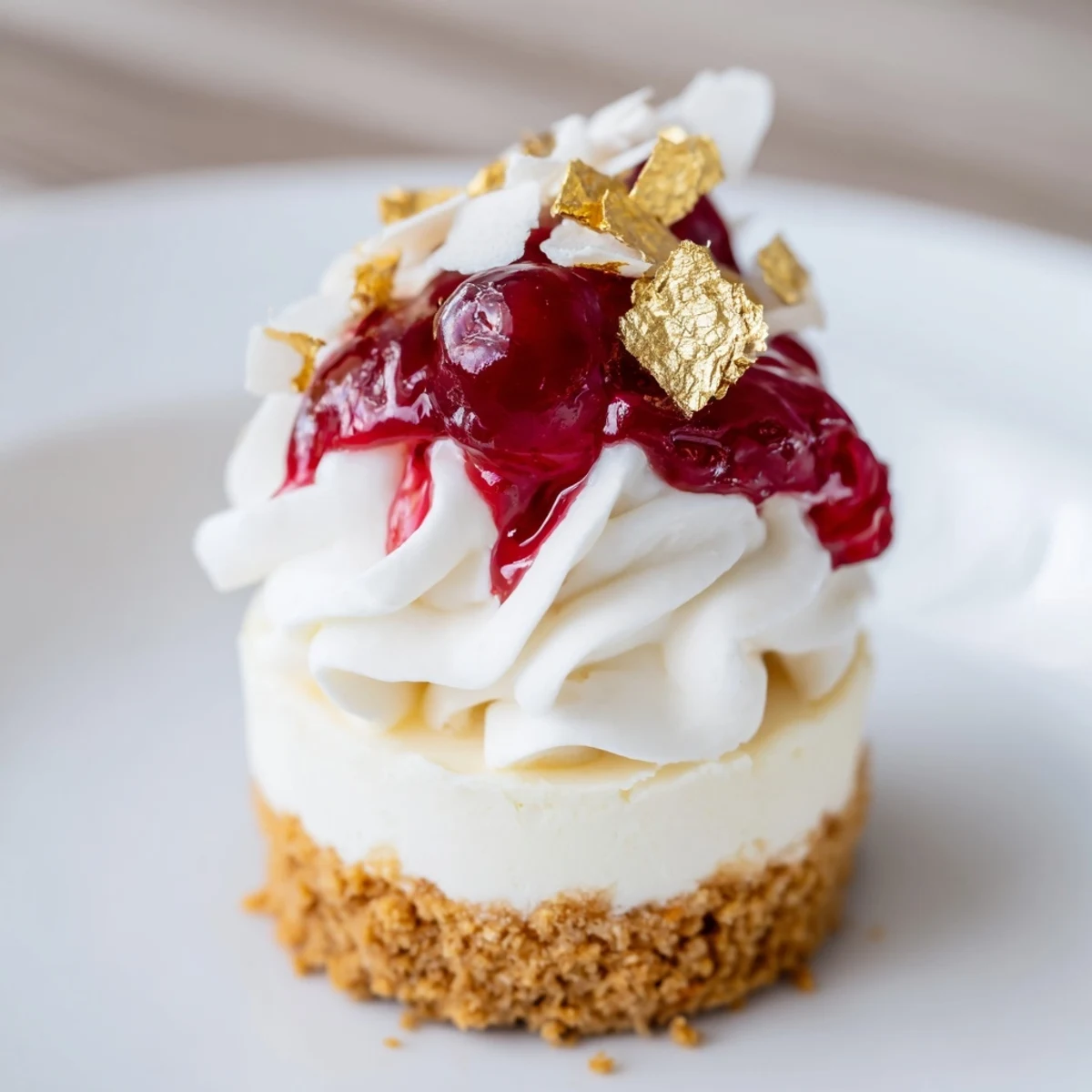 Delicious, chilled Kirsch-Rococo No-Bake Mini Cheesecakes, perfect for a special treat with whipped cream.