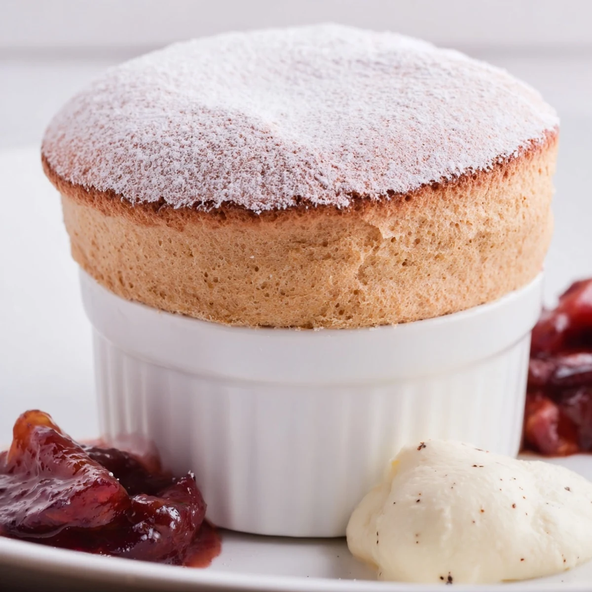 A fluffy Mulled Wine Soufflé, golden-brown and ready to be enjoyed with spiced plums.