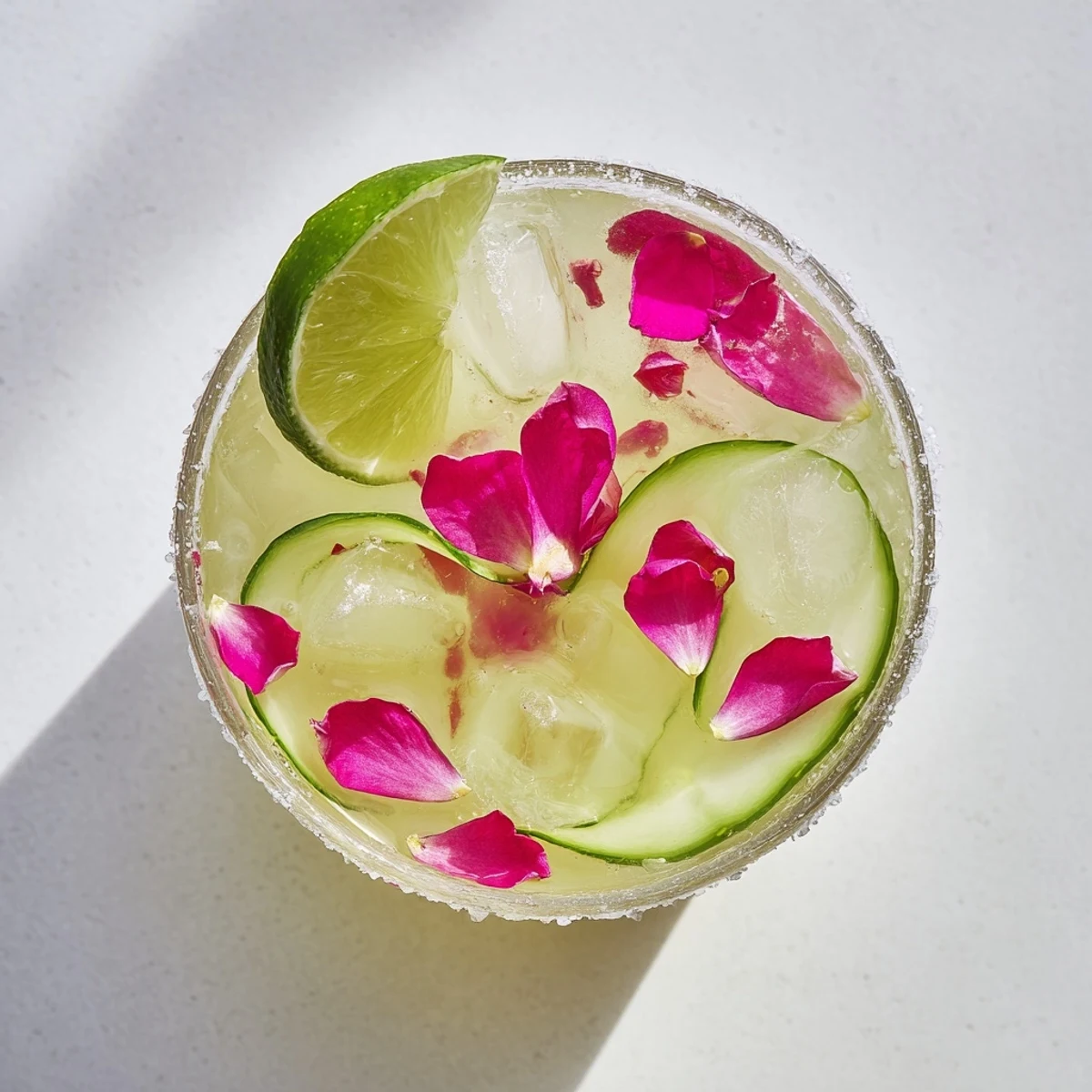 A beautifully garnished Gewürzgurken Margarita showcasing pink rose petals and cucumber slices, a party starter.