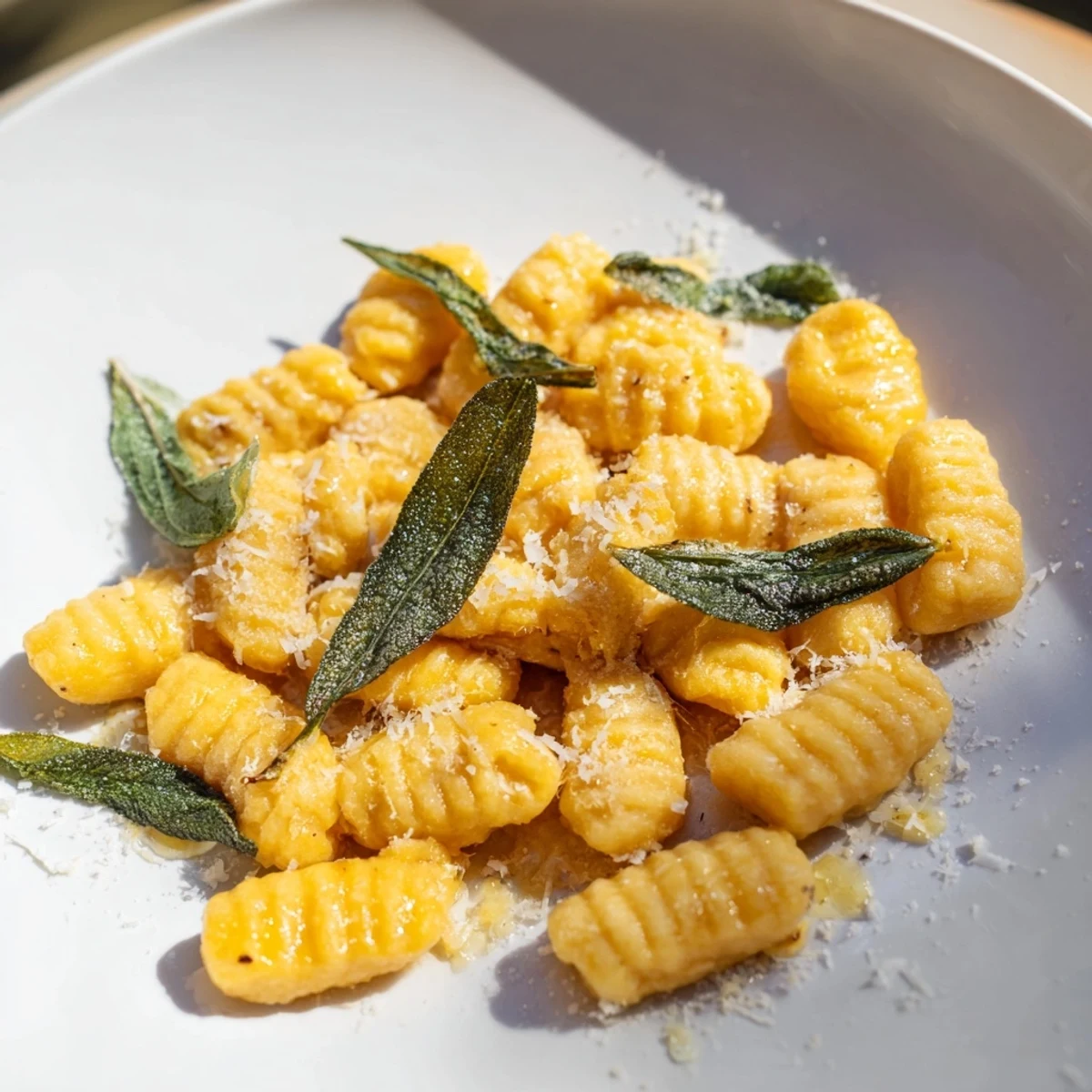 Creamy plate of butternut squash gnocchi glistening with browned butter, topped with crispy sage.