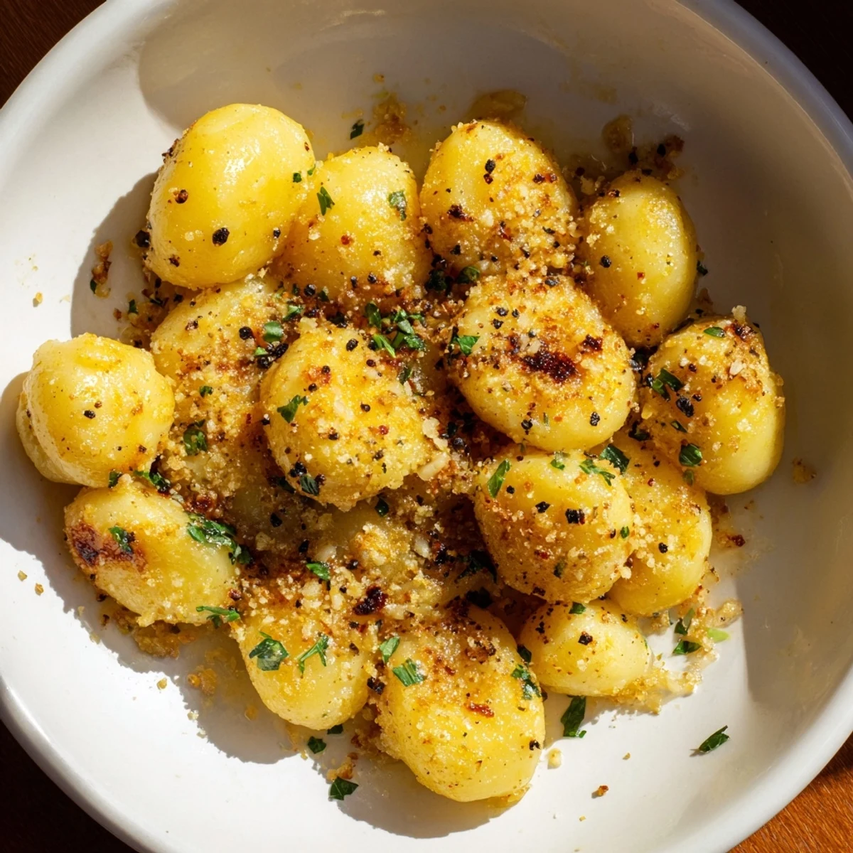 Freshly made potato dumplings in a skillet, coated in a rich brown butter and cheese sauce.