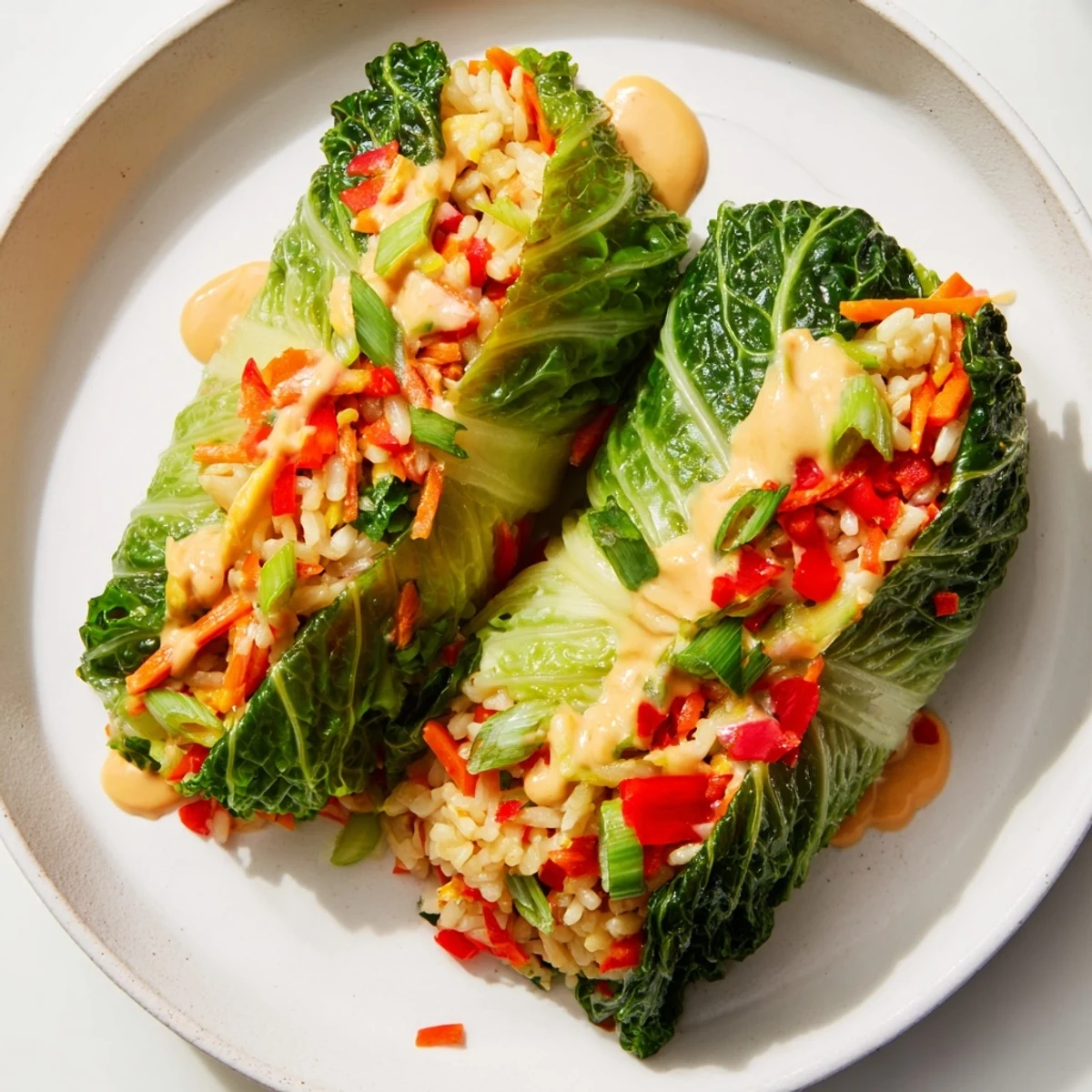 Close-up on flavorful cabbage rolls, served with a creamy peanut sauce, perfect for dinner.