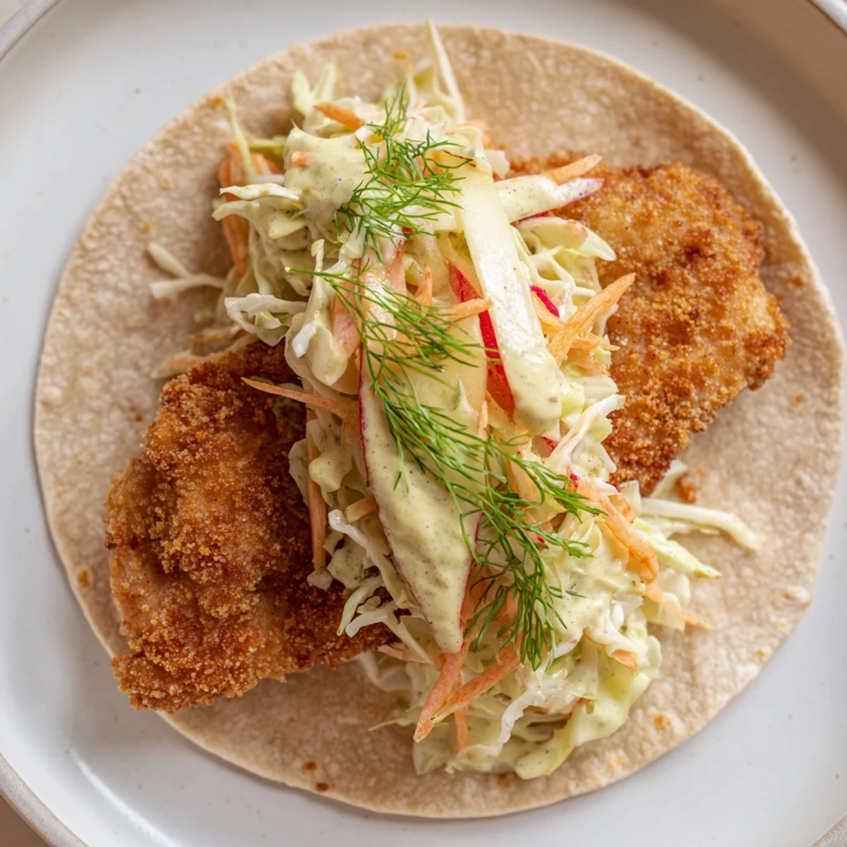 Golden-brown pork schnitzel nestled in tortillas, topped with fresh sauerkraut slaw, ready to eat.