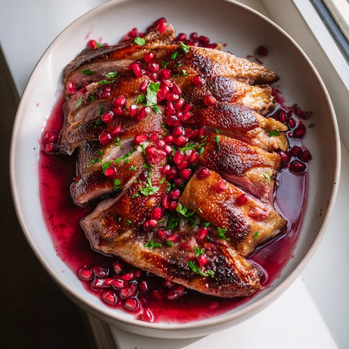 Seared Roasted Duck Breast with Pomegranate Reduction, glistening skin, ready to serve, and so flavorful.