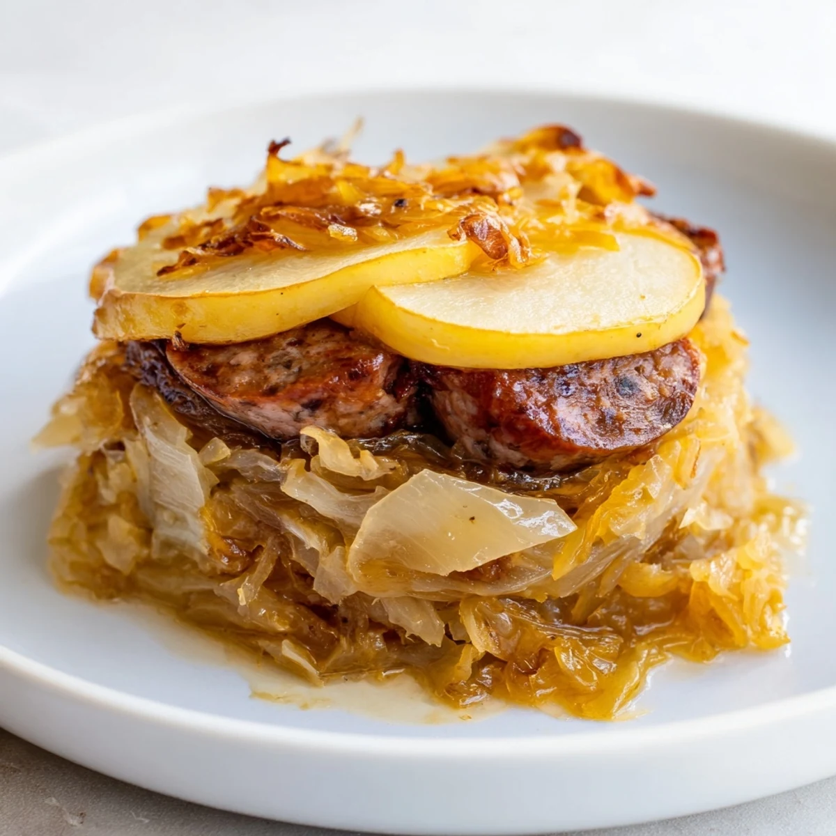 Tender potatoes layered with sauerkraut, sausage and apple's in a yummy Sauerkraut Casserole bubbling in the oven.