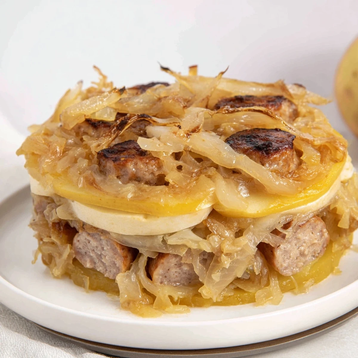 A bubbling, cheesy Sauerkraut Casserole with sweet apples, potatoes, sausage, ready to serve.