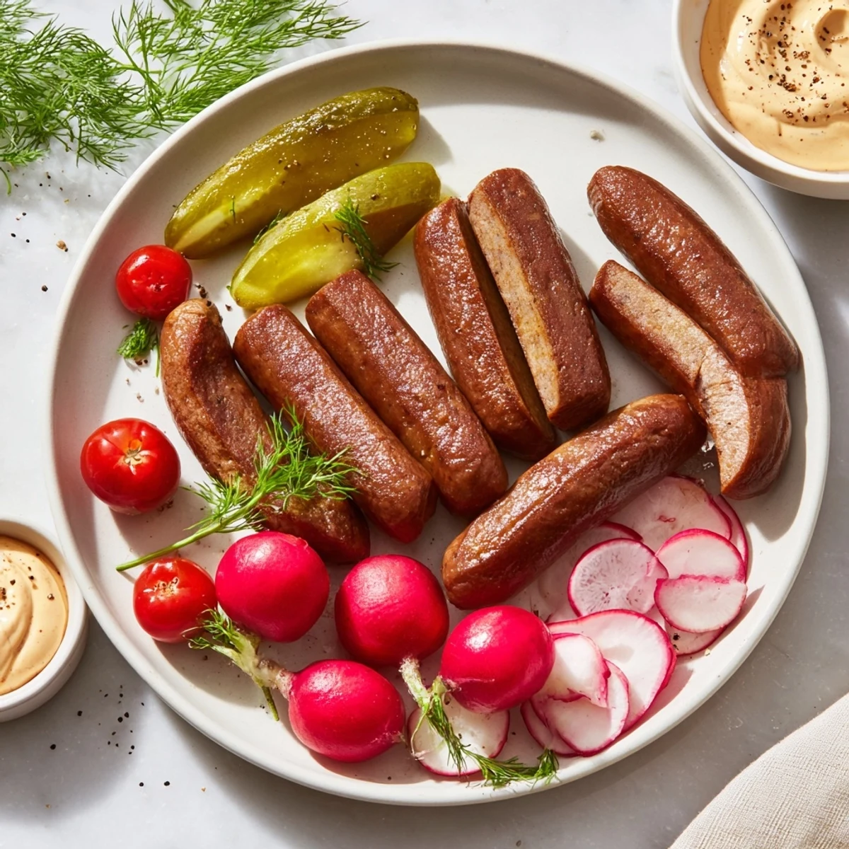 Vegan German Sausage Board with vibrant plant-based sausages, pretzels, pickles, and spicy sriracha mayo.