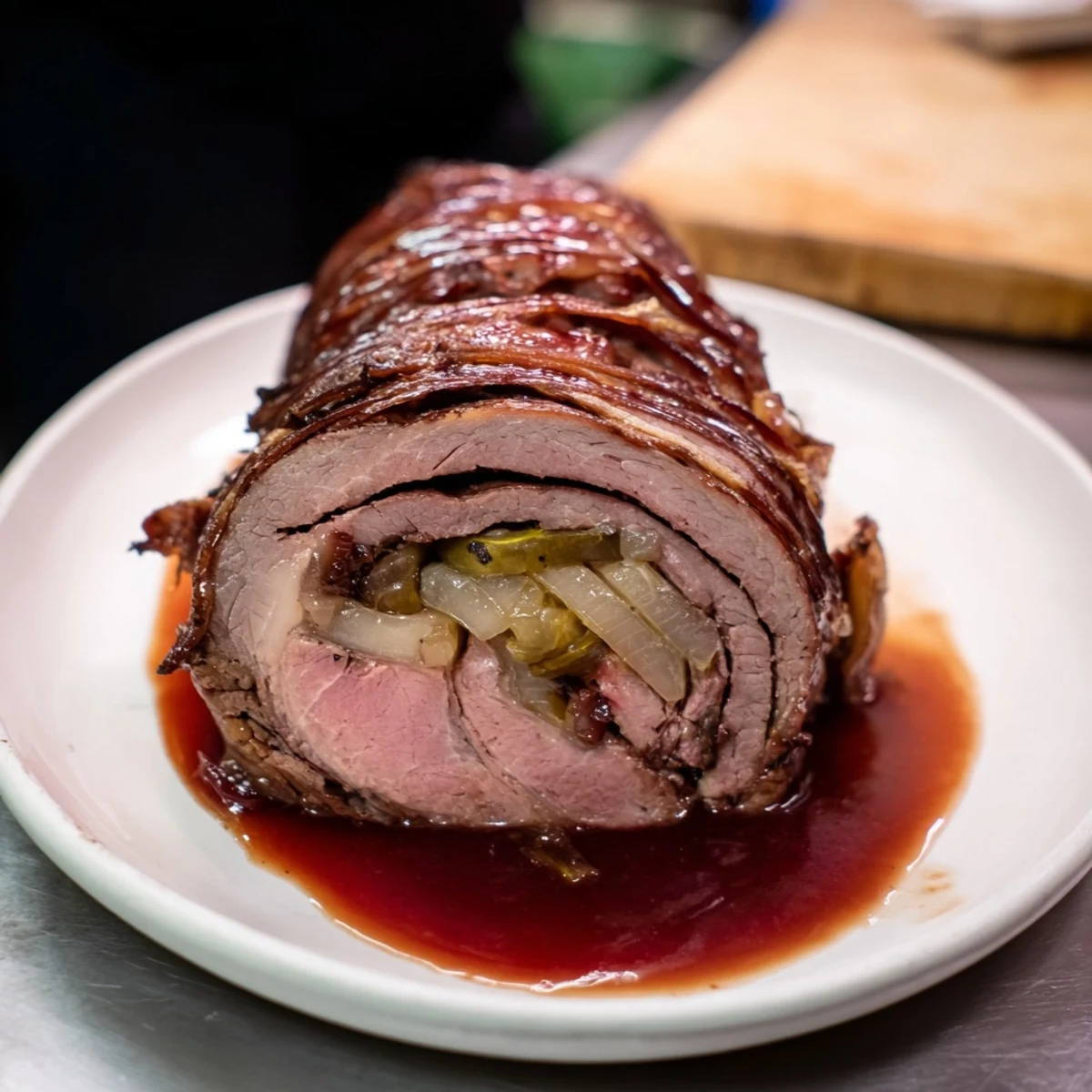 Savory Braised Beef Roulades with Goji Berry Gravy, showcasing a vibrant, flavorful sauce smothering the tender beef.