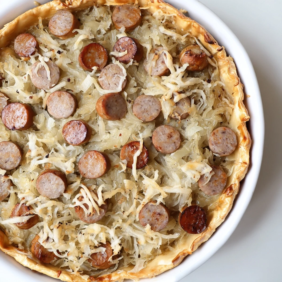 Golden, bubbling Bratwurst & Sauerkraut Pie, showcasing the pretzel crust's buttery crispness and savory filling.