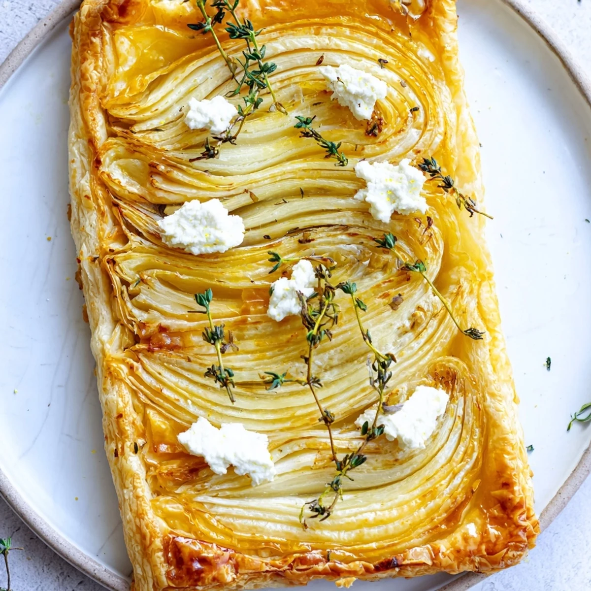 Golden-brown Tarte Fine with caramelized onions and thyme, ready to enjoy as a flavorful appetizer.