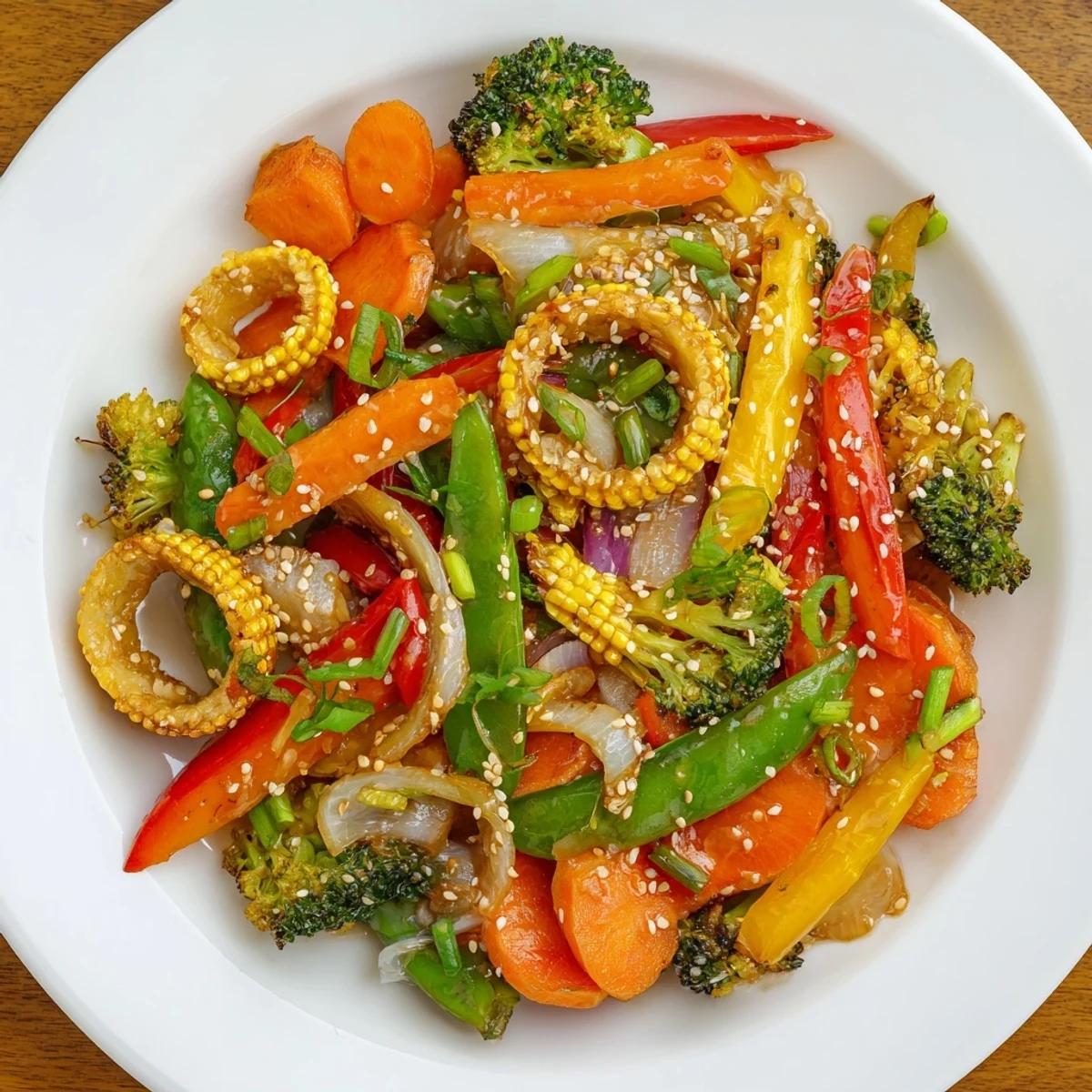 Eine lebendige Schüssel mit dampfendem, bunten Gemüse-Stir-Fry, serviert über lockerem Reis.