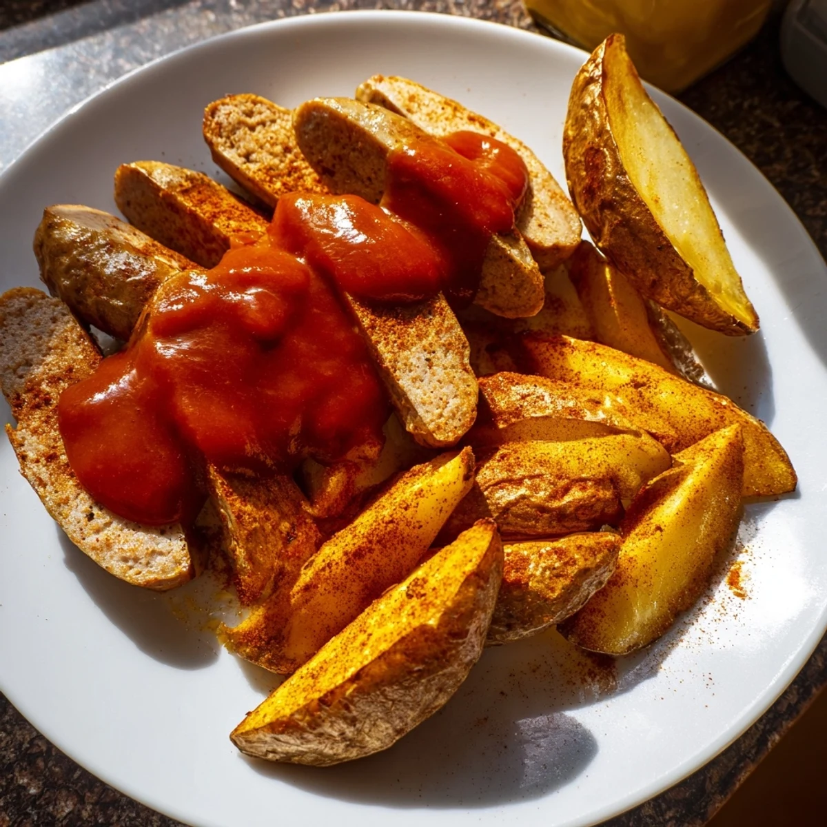 Juicy Currywurst with fries, a German treat: imagine the flavorful curry ketchup glistening.