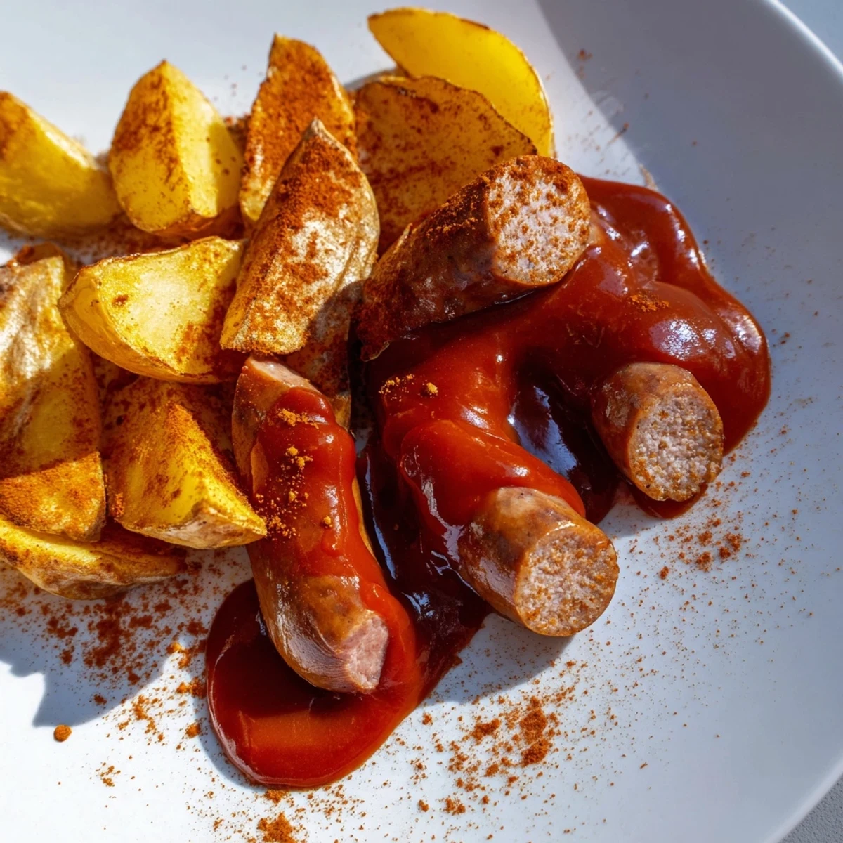 Close-up of Currywurst topped with curry ketchup, with a side of perfectly crisp fries.