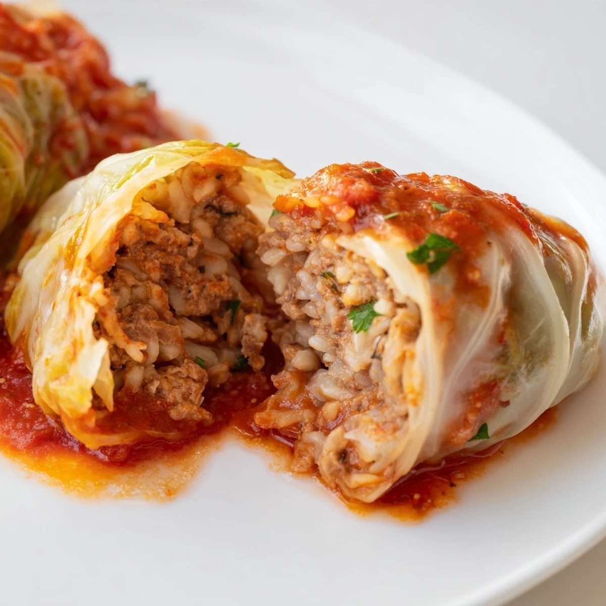 A close-up of a skillet filled with bubbling tomato sauce and Easy Cabbage Rolls.