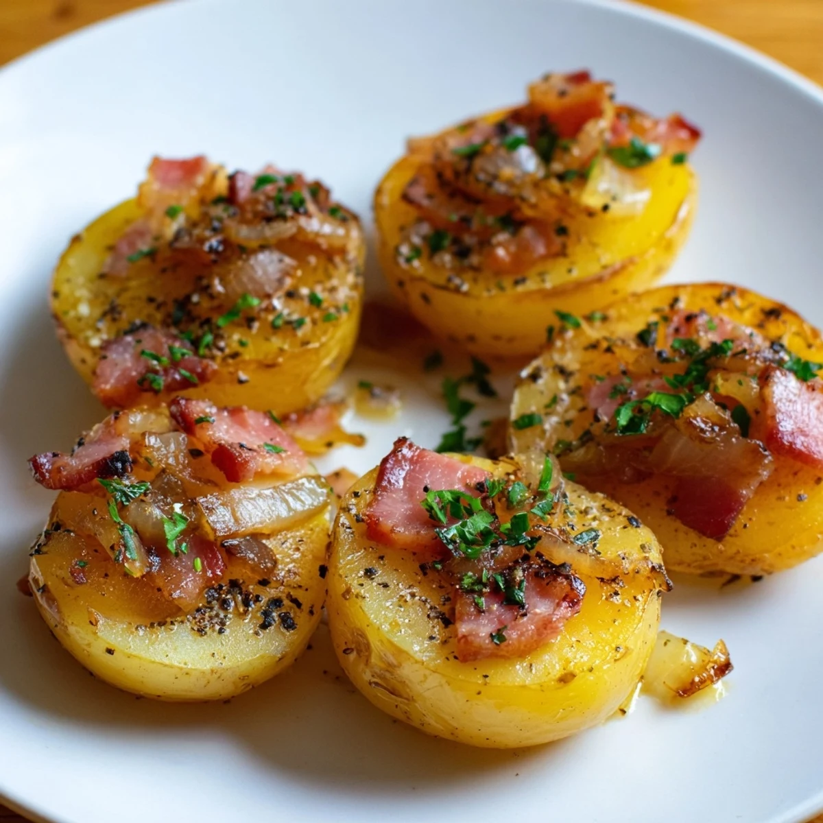 Golden-brown Simple Fried Potatoes with Onions & Bacon sizzling in a pan, ready to serve warm.