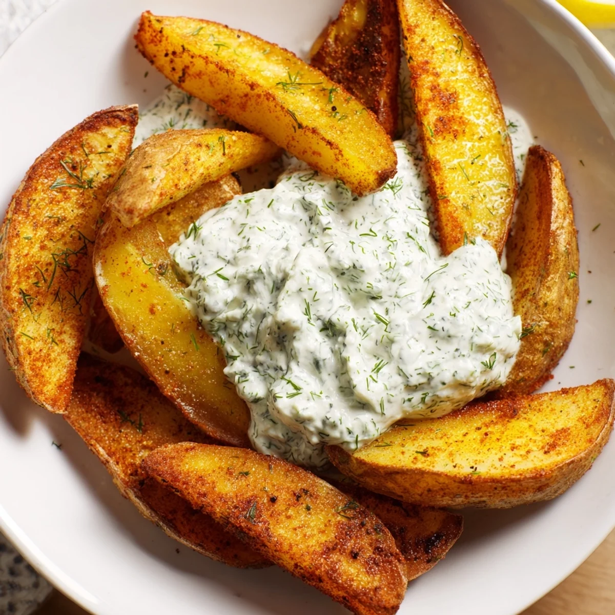 Golden, crispy oven-baked potatoes are served alongside a creamy, herbaceous quark dip.