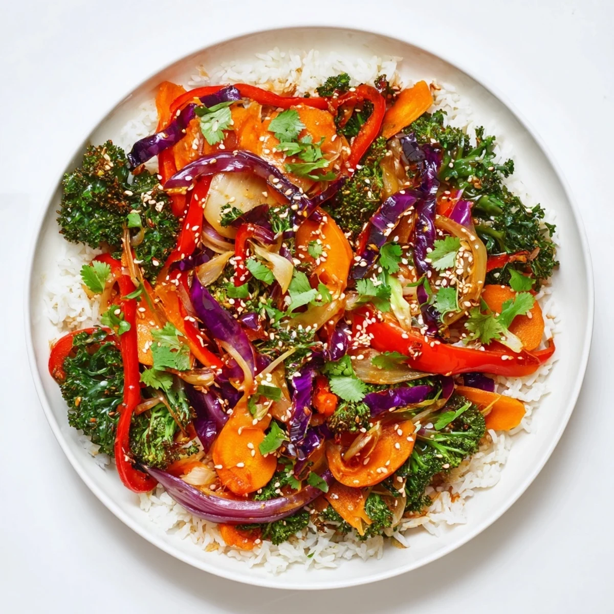 A healthy serving of Quick Winter Vegetable Stir-Fry over rice, a nutritious and delicious vegetarian meal.