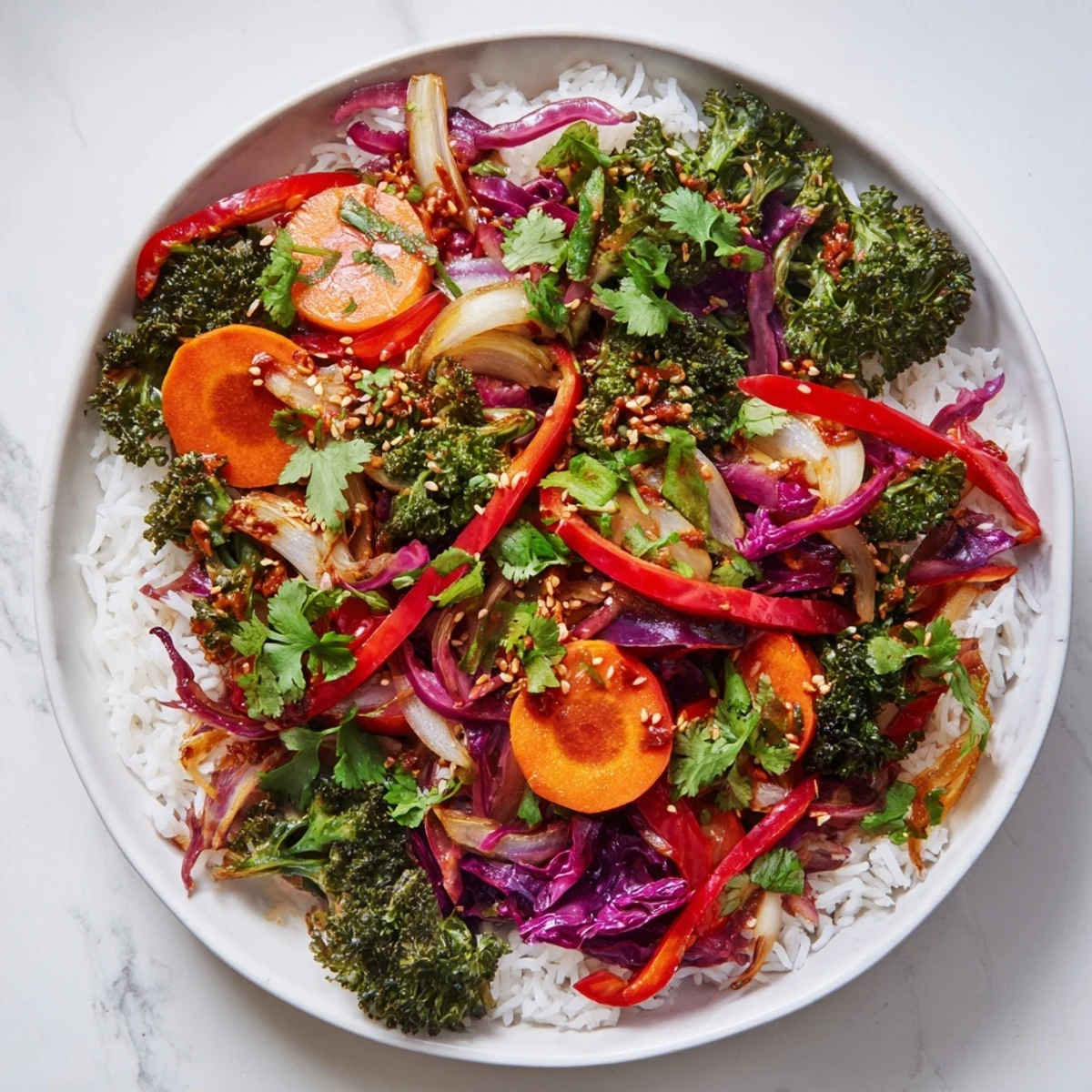 Steaming bowl of Quick Winter Vegetable Stir-Fry with rice, featuring glistening, tender vegetables and fluffy rice.