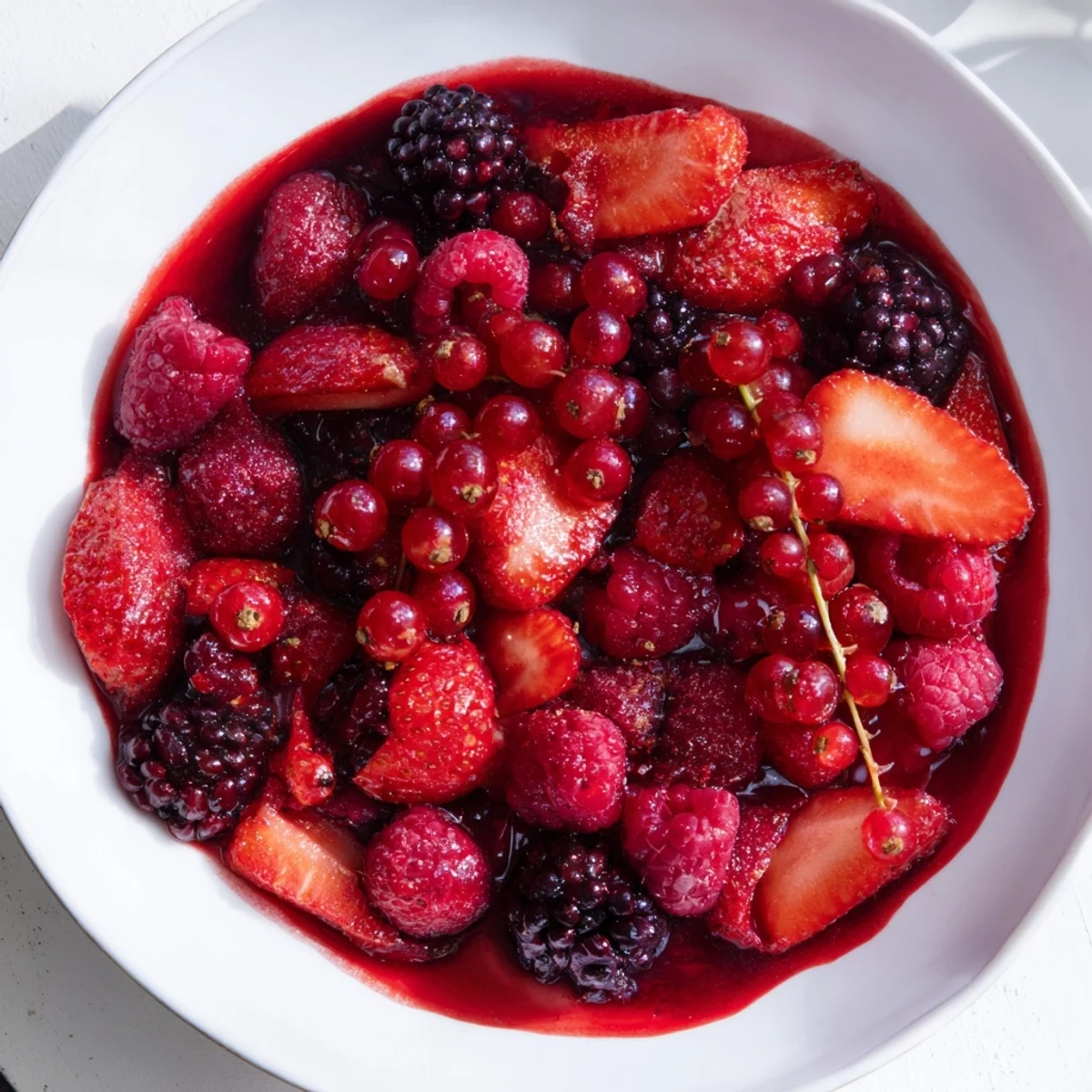 A vibrant bowl of Rote Grütze topped with creamy, rich homemade vanilla sauce.