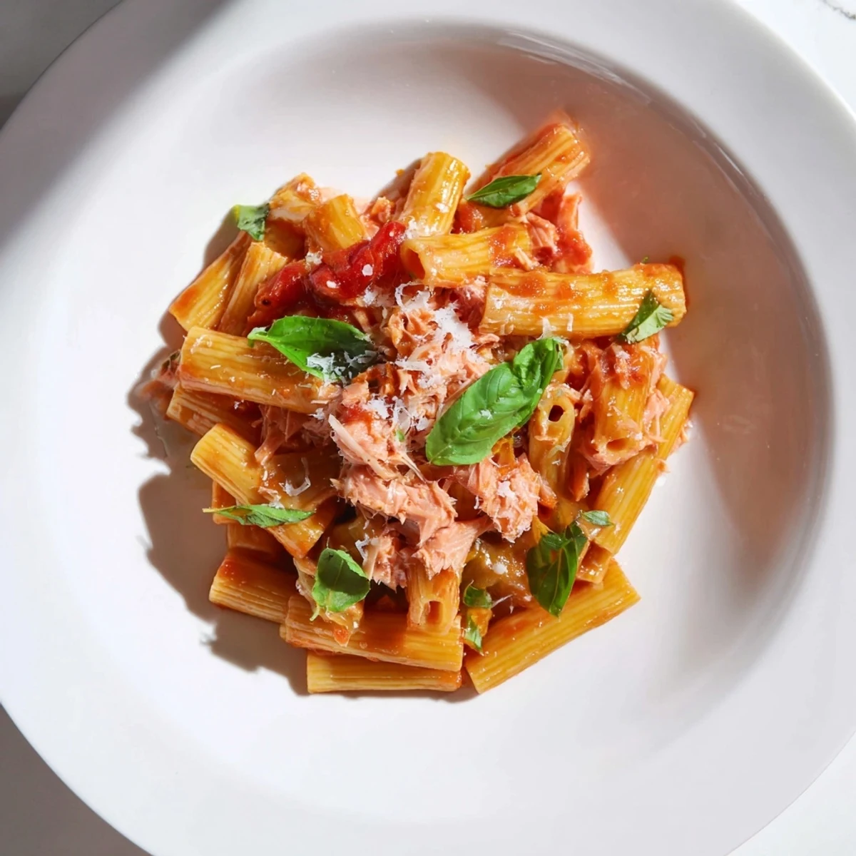 Warm, inviting bowl of blitz pasta with tomatoes and tuna, a quick Italian-inspired meal.