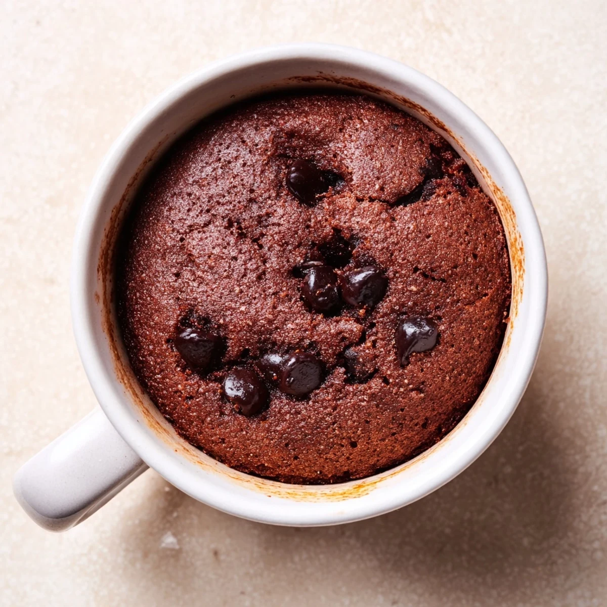 Warm, freshly-microwaved Mug Cake Schokolade, topped with optional chocolate chips for extra indulgence.