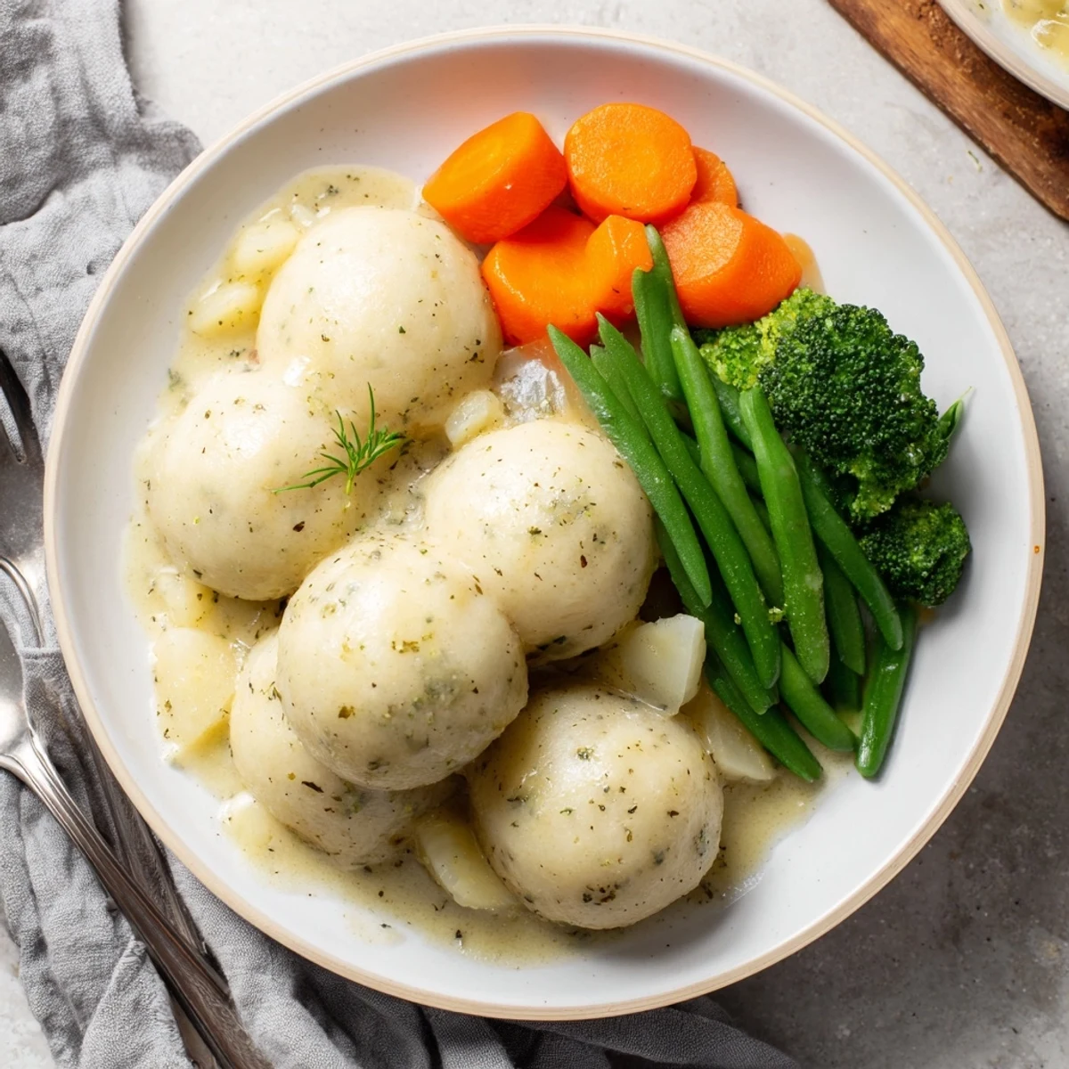 Silky sauce coats the fluffy Kartoffelklöße, a hearty German dumpling main course with fresh vegetables.