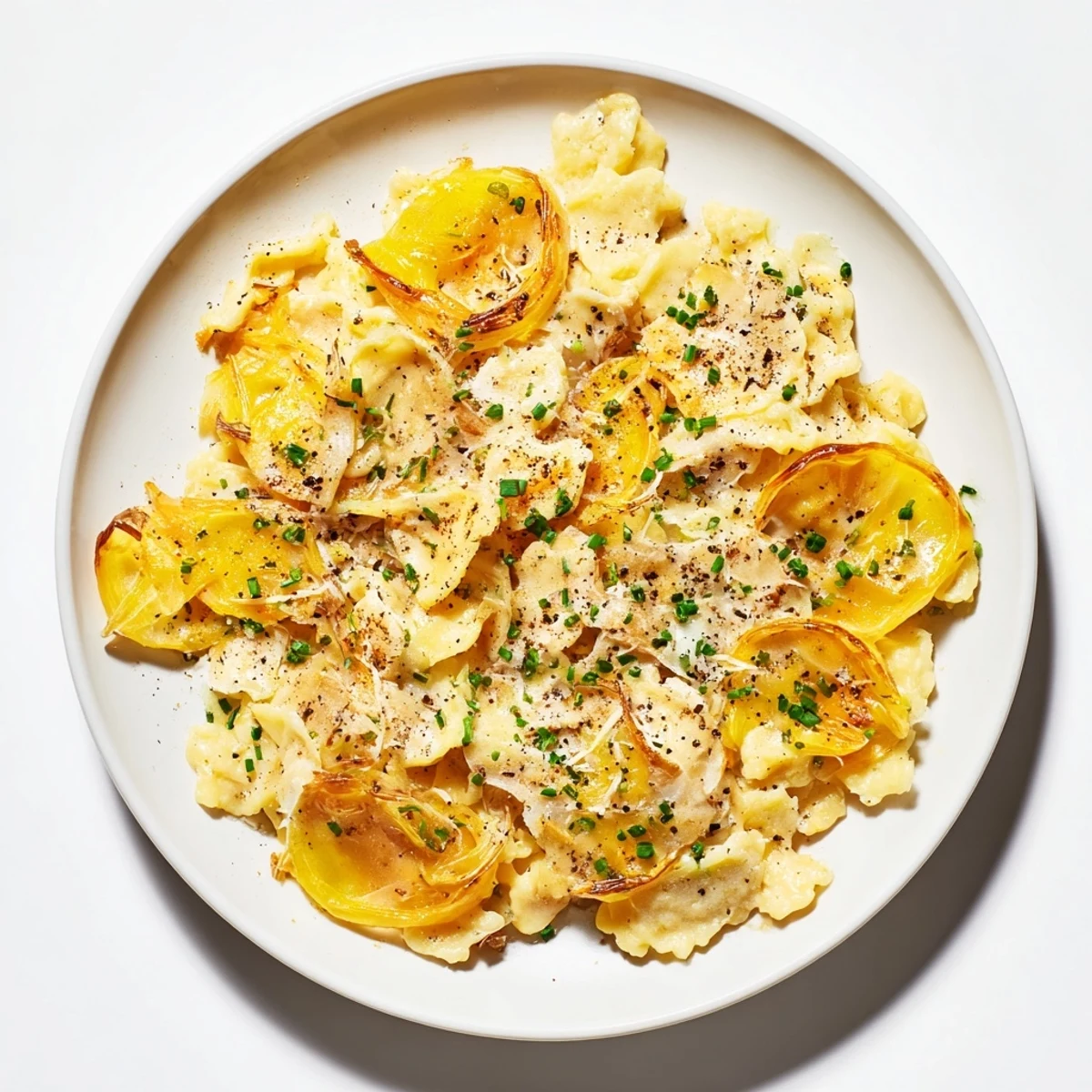 A warm, cheesy Käsespätzle dish with golden, bubbling cheese and caramelized onions.