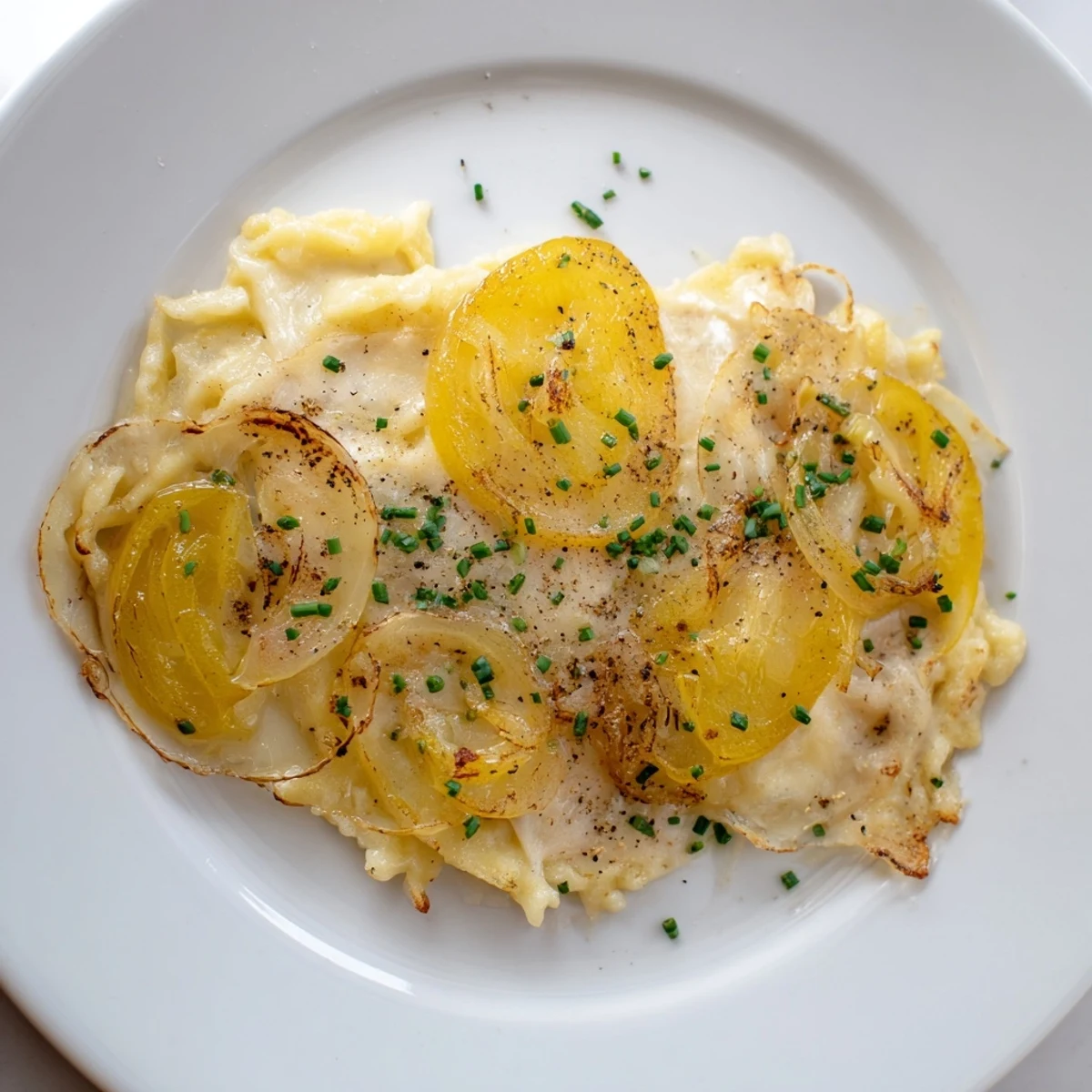 Close-up of baked Käsespätzle: a comforting German pasta with melted cheese and herbs.