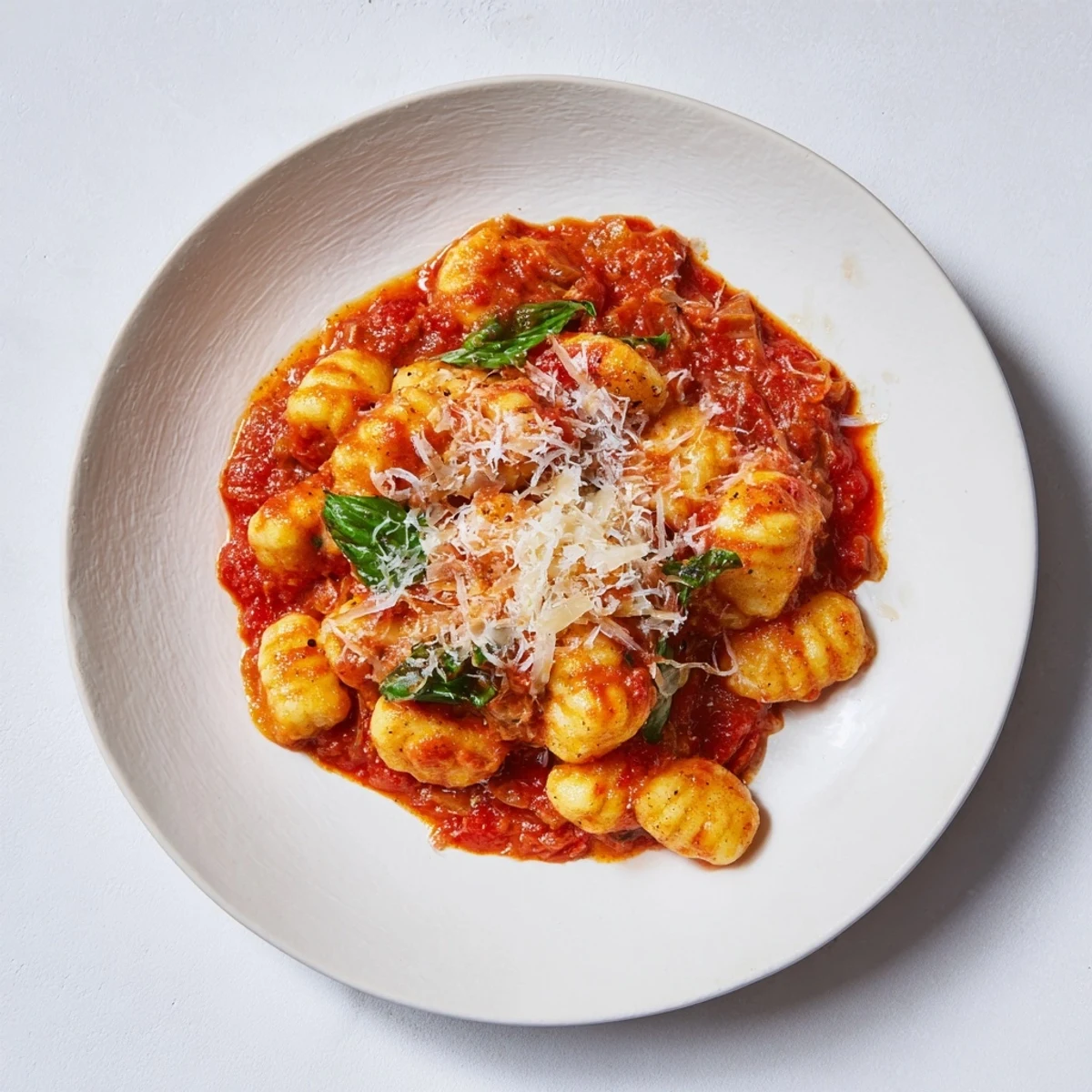 A close-up of baked homemade potato gnocchi, swimming in vibrant red tomato sauce, sprinkled with cheese.