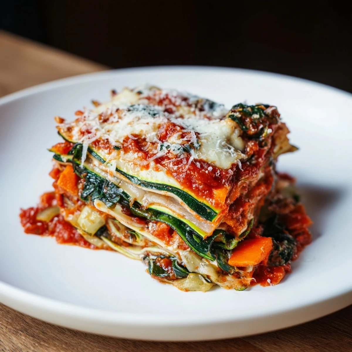 Delicious homemade Vegetable Lasagna: a close-up photo shows creamy layers with vibrant green and red veggies.