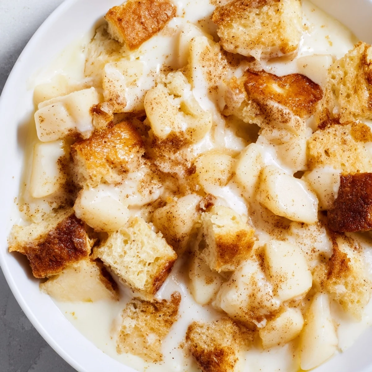 Warm, golden-baked bread pudding with apples and cinnamon, perfect for a cozy dessert.