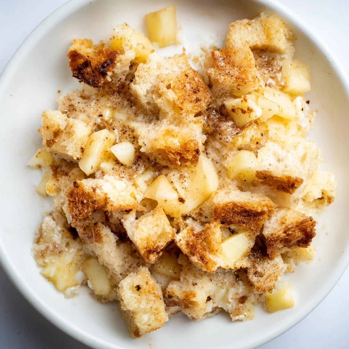 This bread pudding with apples and cinnamon shows a rustic, bubbling dish ready to serve and enjoy.