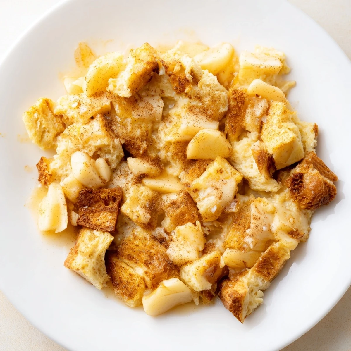 A close-up of bread pudding with apples and cinnamon, sprinkled with brown sugar, inviting a warm bite.